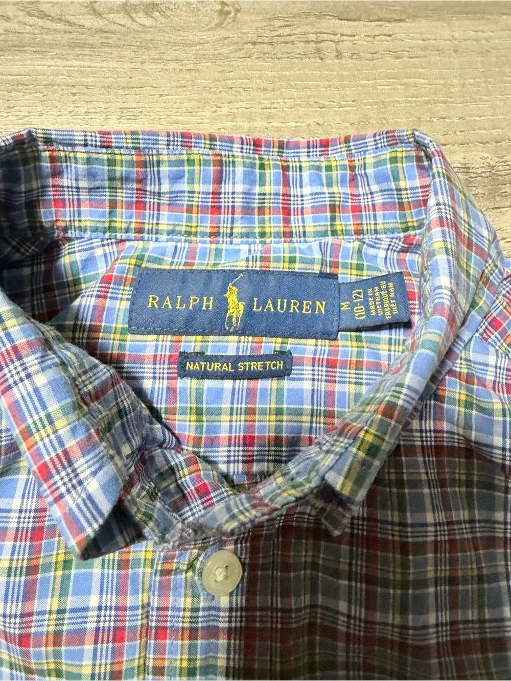 Ralph Lauren Boys Plaid Button Down Shirt Size Medium 10-12 Long Sleeve Stretch